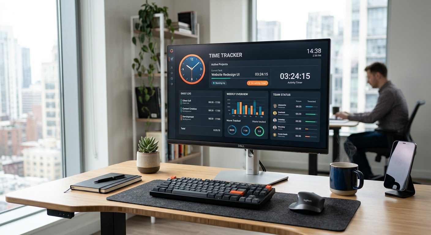 Tidsregistreringssoftware dashboard på computerskærm med tidsur og moderne interface