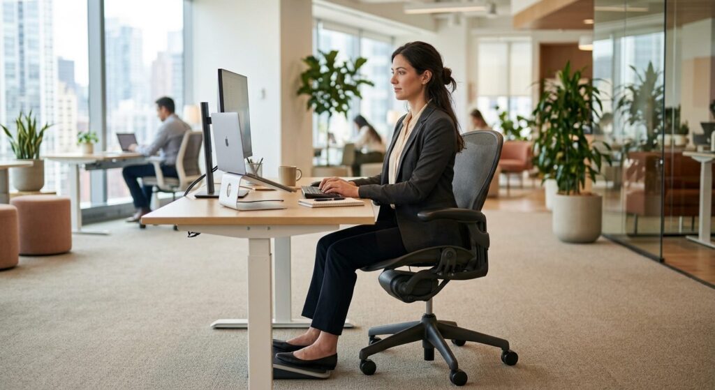 Ergonomisk arbejdsstol i modernt kontormiljø med medarbejder der demonstrerer korrekt sitposition