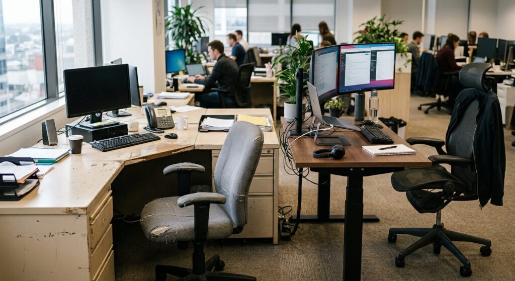 Sammenligning af slidt og nyt kontormøbel i et modernt kontorlokale