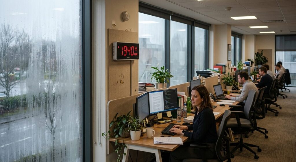 Kontoret med dårligt indeklima viser høj CO2 på luftkvalitetsmåler og fugtig luft ved vinduet