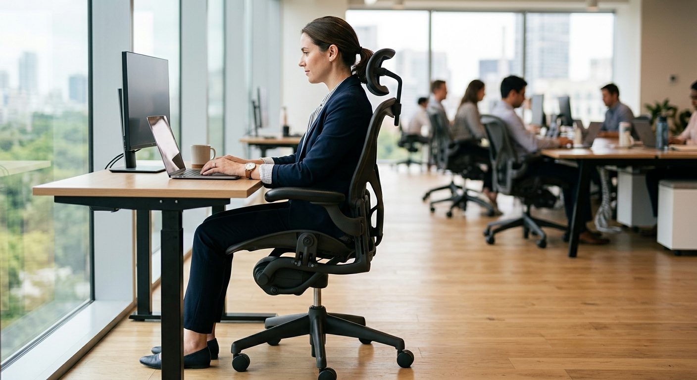 Ergonomisk kontorstol med god ryglæn i modernt kontormiljø, der illustrerer korrekt arbejdsstilling