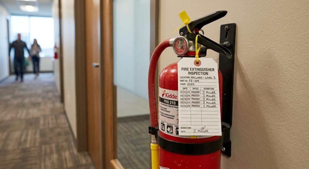 Rødt brandslukkerkammer med inspektionsmærkat på erhvervsejendom, monteret korrekt på væg