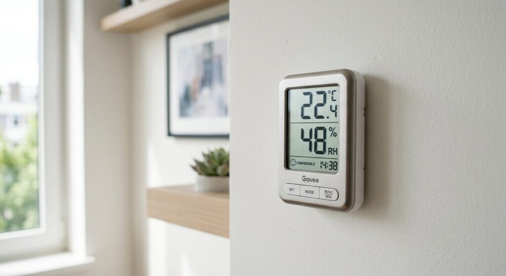 Professionel indeklimamåler monteret på kontorvæg viser temperatur- og fugtighedsmålinger