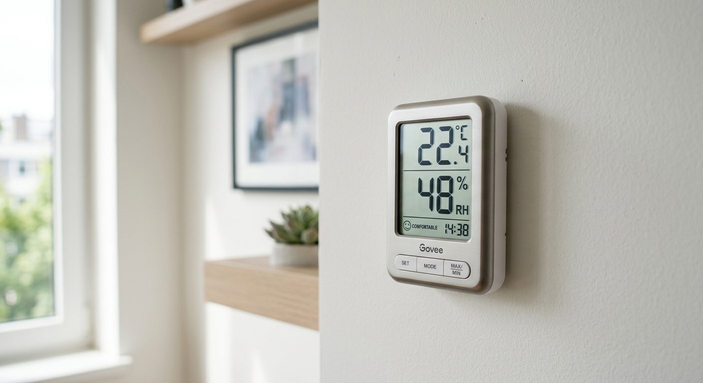 Professionel indeklimamåler monteret på kontorvæg viser temperatur- og fugtighedsmålinger