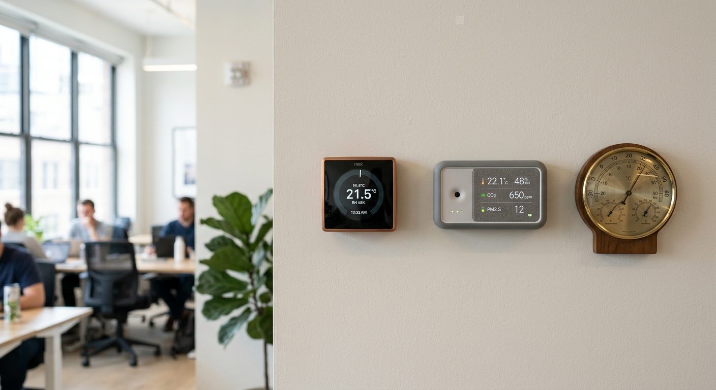 Tre forskellige indeklimamålere hængende på kontorvæg til sammenligning af funktionalitet og design