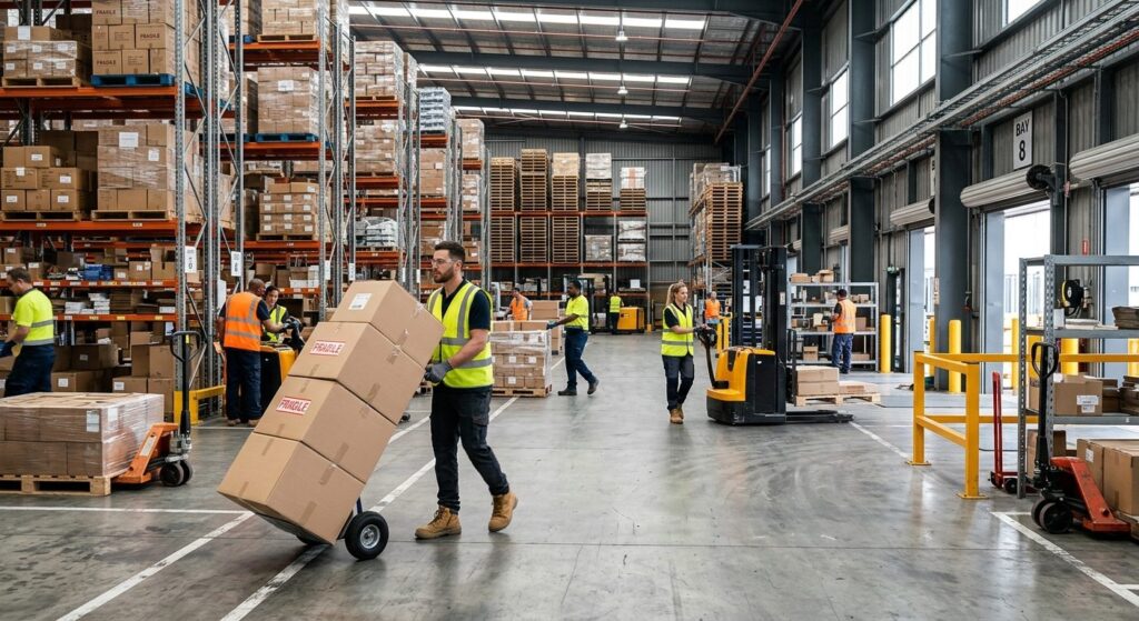 Medarbejdere i lager håndterer ekspeditionsudstyr som trolleyer og pallelifter under daglig drift