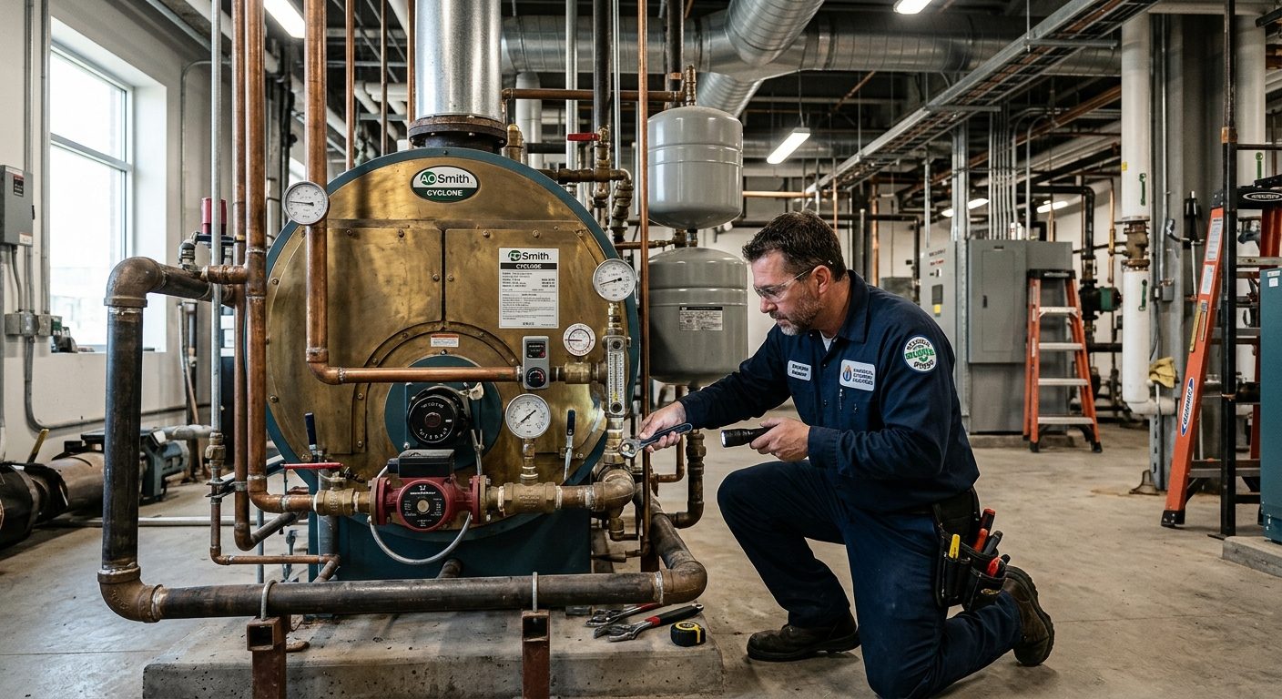 Professionel tekniker udfører vedligehold af erhvervs-varmtvandssystem med måleinstrumenter
