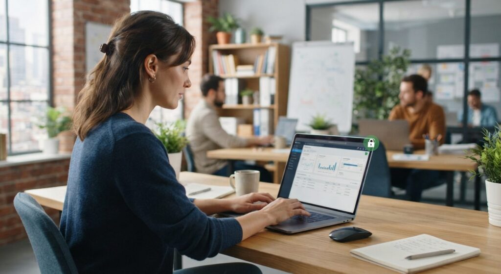Medarbejder i mindre virksomhed arbejder på computer med fokus på cybersikkerhed smv
