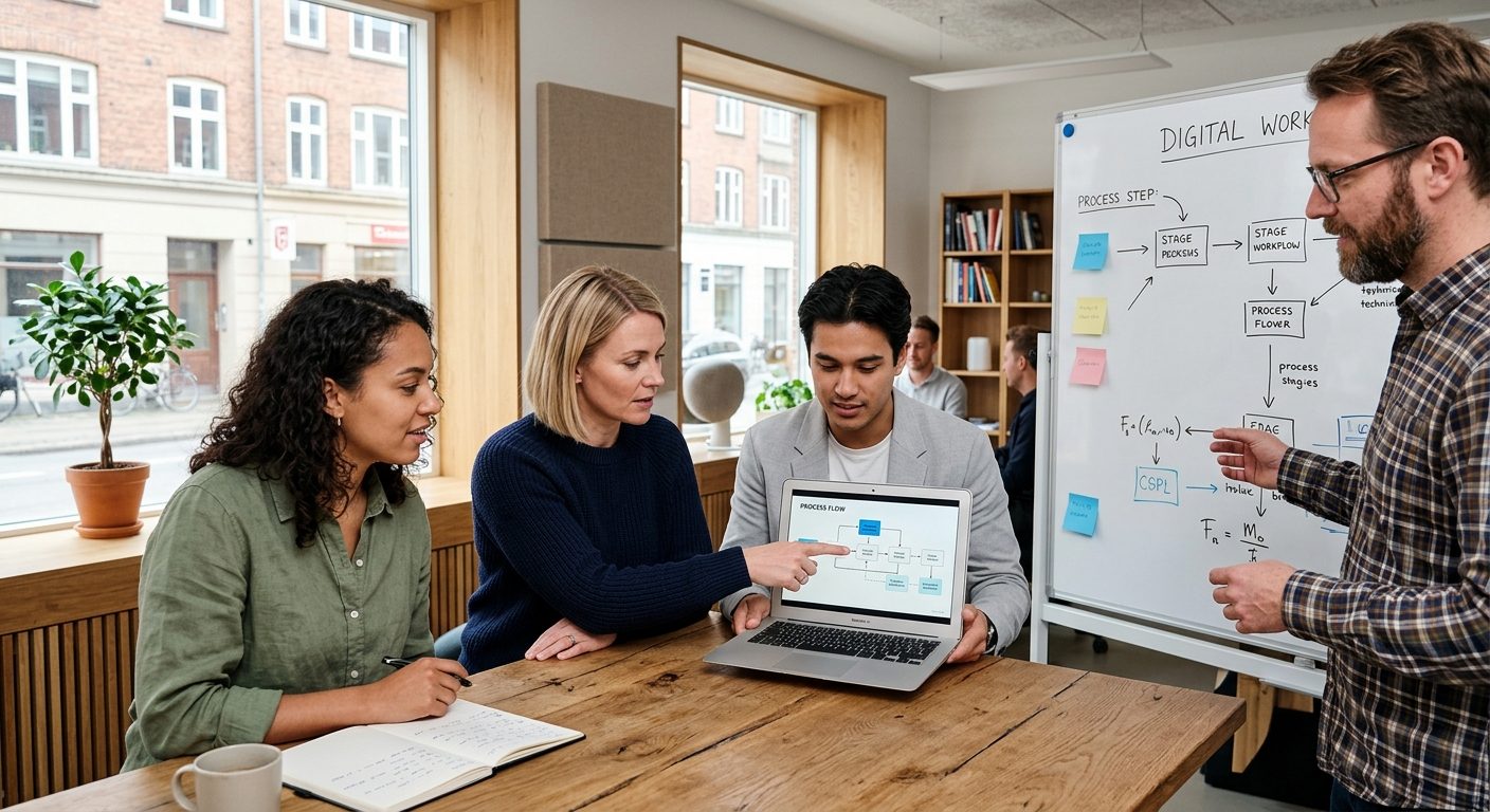 Virksomhedsleder og medarbejder planlægger digital udvikling i virksomheden ved whiteboard