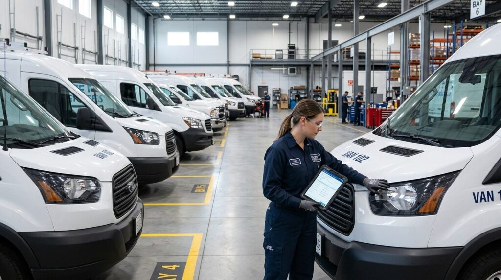 Wide-angle shot of a fleet maintenance facility with multipl