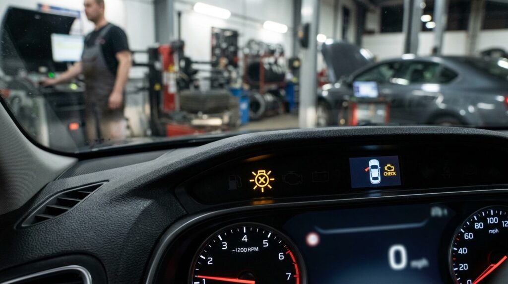 Close-up detail shot of a vehicles dashboard warning light 