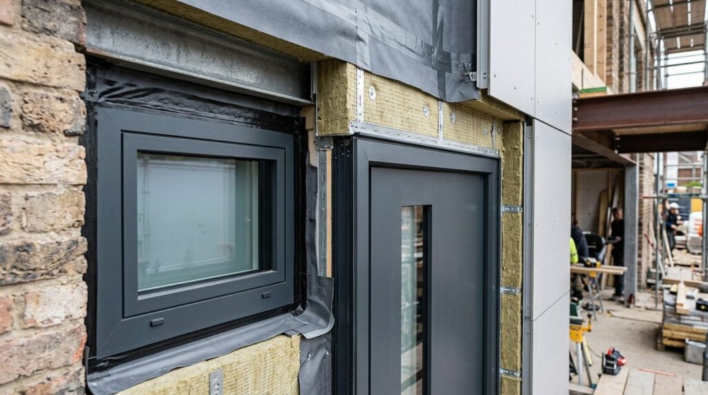 Close-up professional photograph of a building facade transi