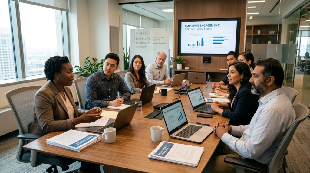 Team meeting in modern conference room, diverse group of HR 