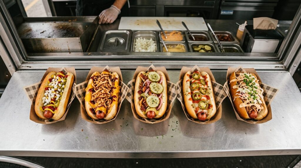 Close-up overhead shot of freshly prepared gourmet hot dogs 