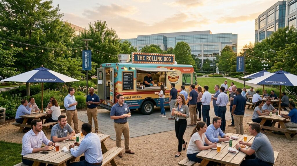 Wide angle photograph of a mobile hot dog food truck seamles