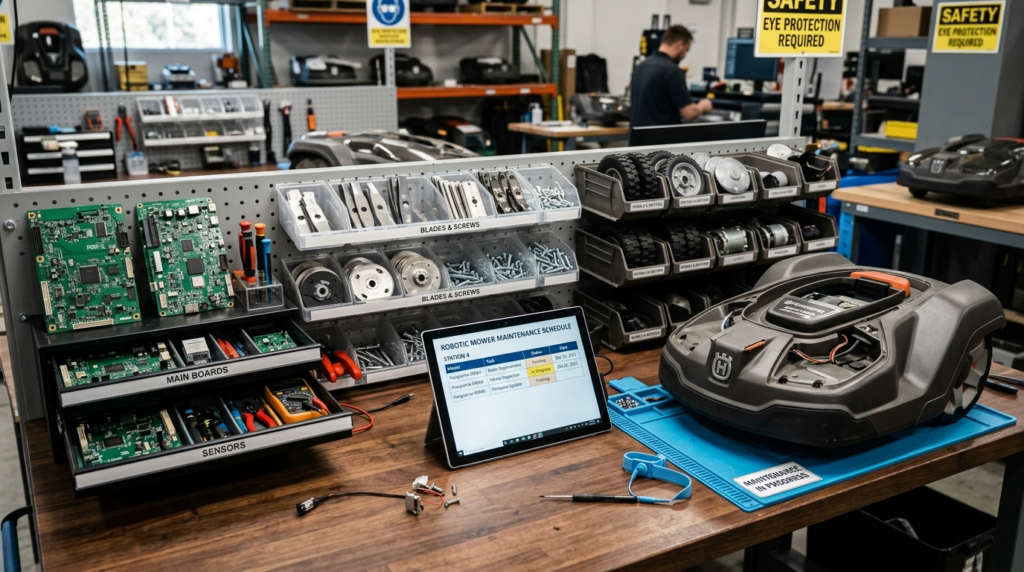 Close-up of robotic lawn mower maintenance workstation showi