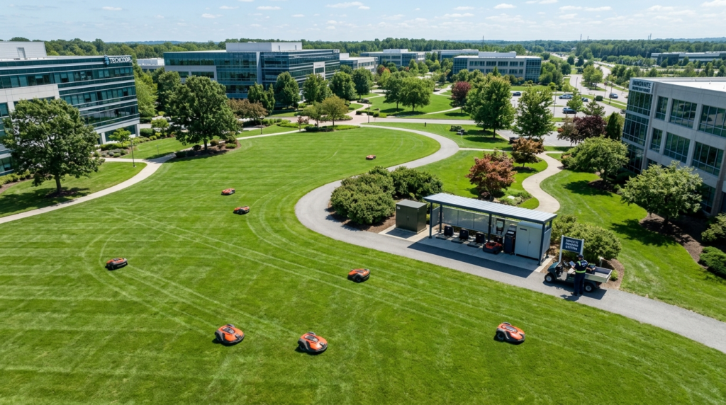 Aerial view of automated robotic lawn mower fleet operating