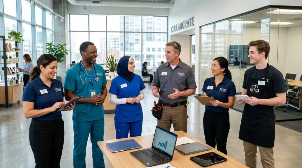 Wide shot of diverse team of employees wearing coordinated p