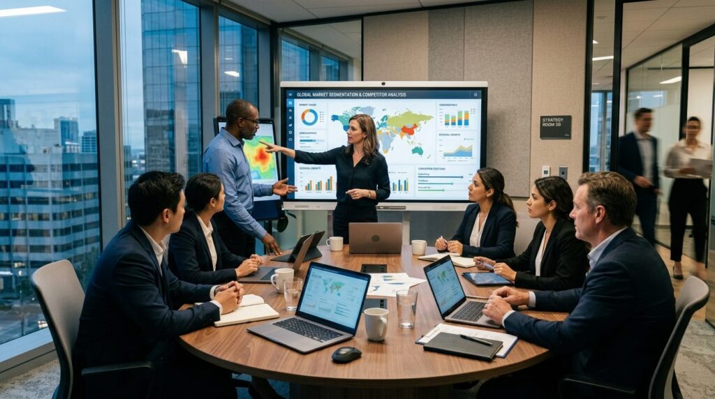 Business team collaborating around a conference table analyz