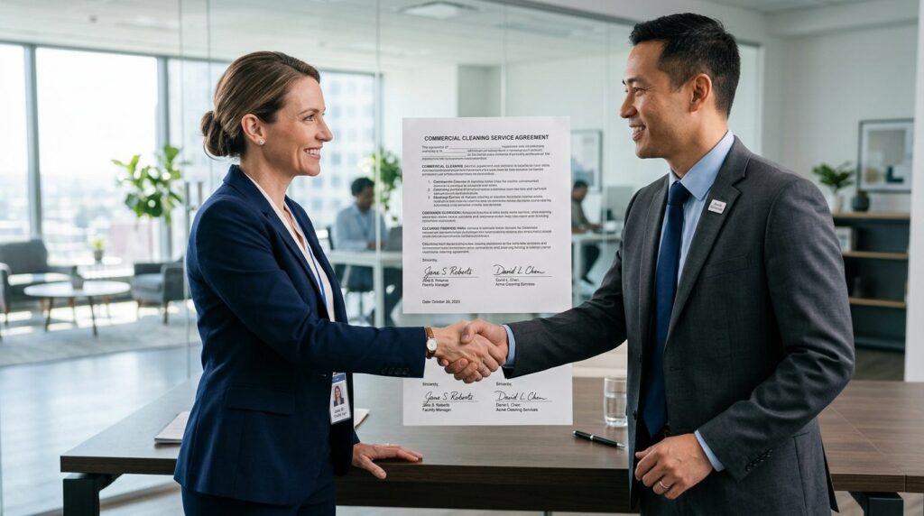 Close-up of a professional handshake between a corporate fac