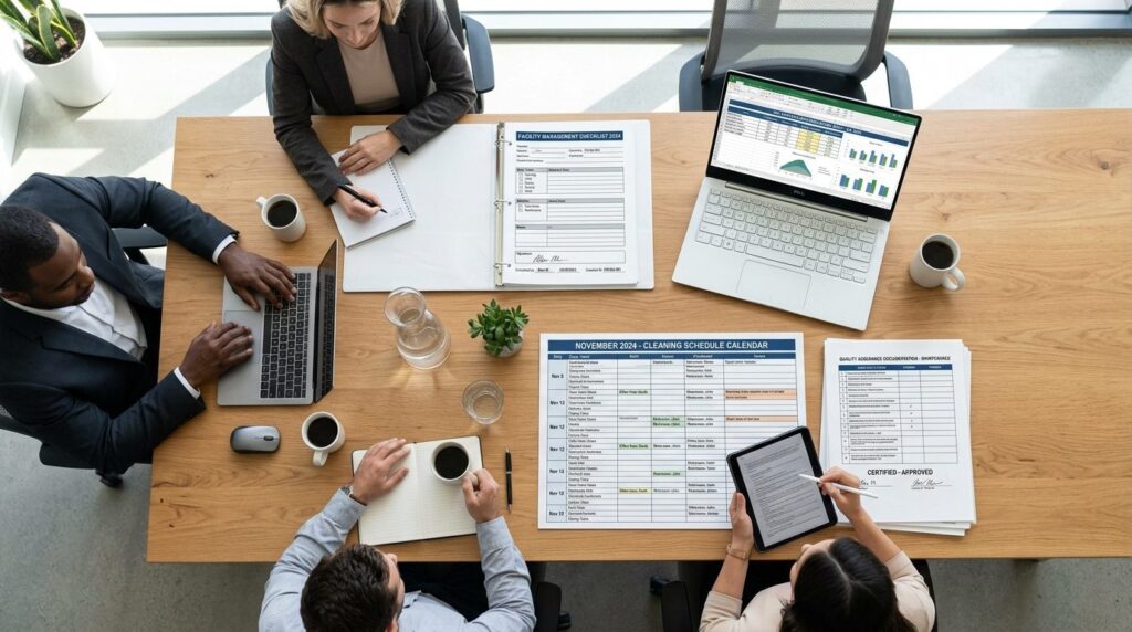 Overhead view of a corporate workspace showing a comprehensi