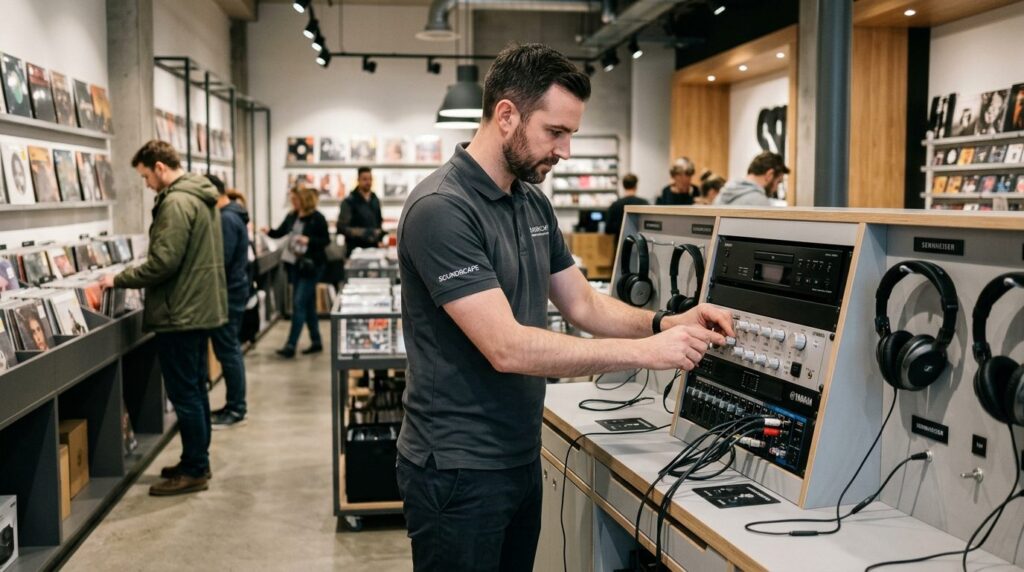 Retail store manager adjusting audio system controls at mode