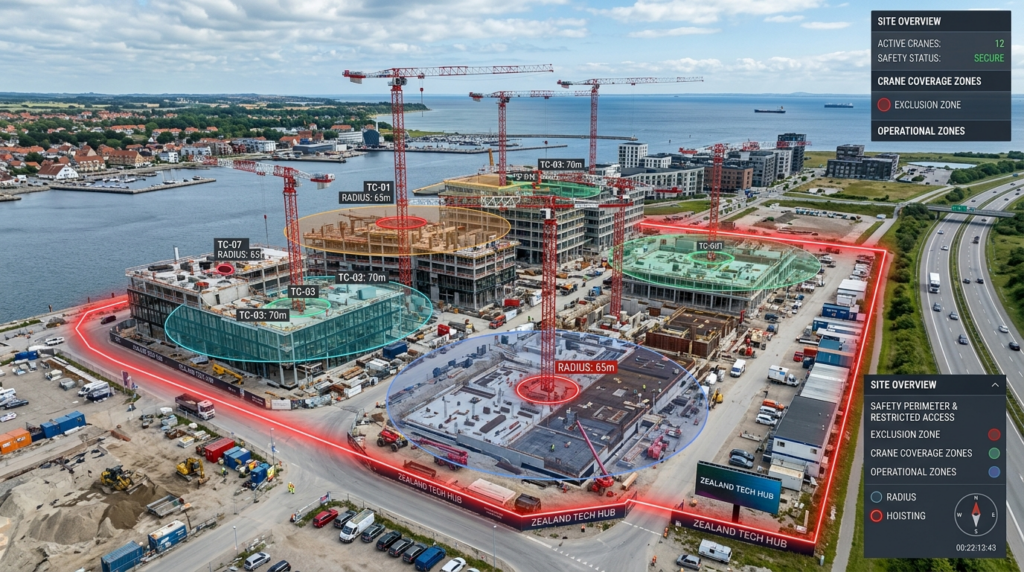 Aerial view of large building construction project on Zealan