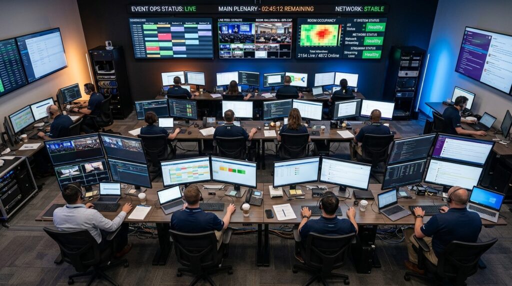 Overhead shot of event operations control room: multiple com