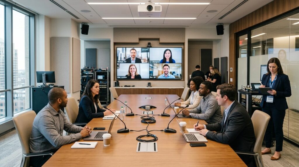 Modern hybrid conference venue: business people sitting at c