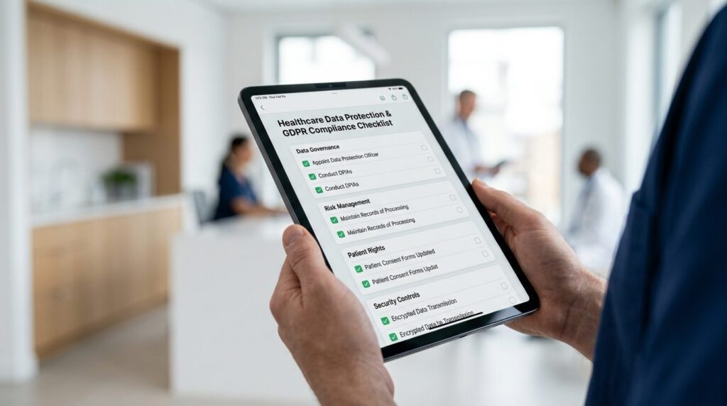 Close-up photo of hands holding a tablet device showing a he