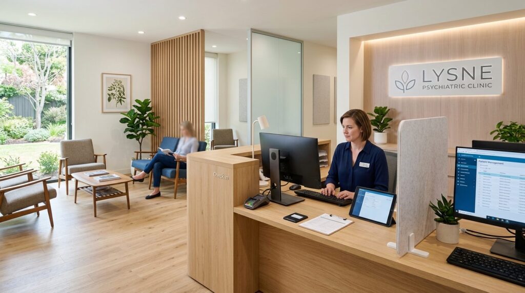 Wide shot of a small psychiatric clinic waiting room or admi