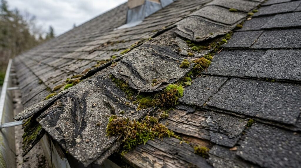 Close-up photorealistic image of aged roof shingles showing 